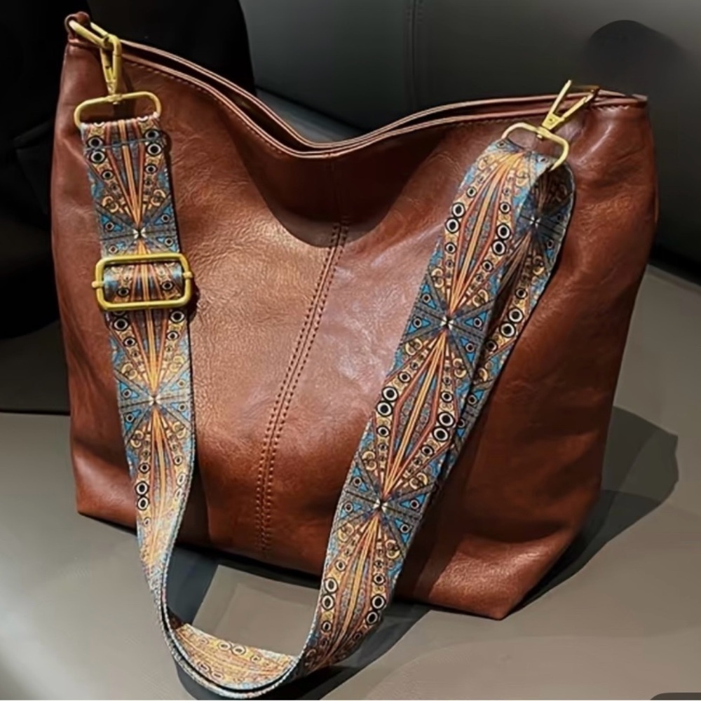 Brown Faux Leather Tote Bag Adjustable Strap - Picture 2 of 7